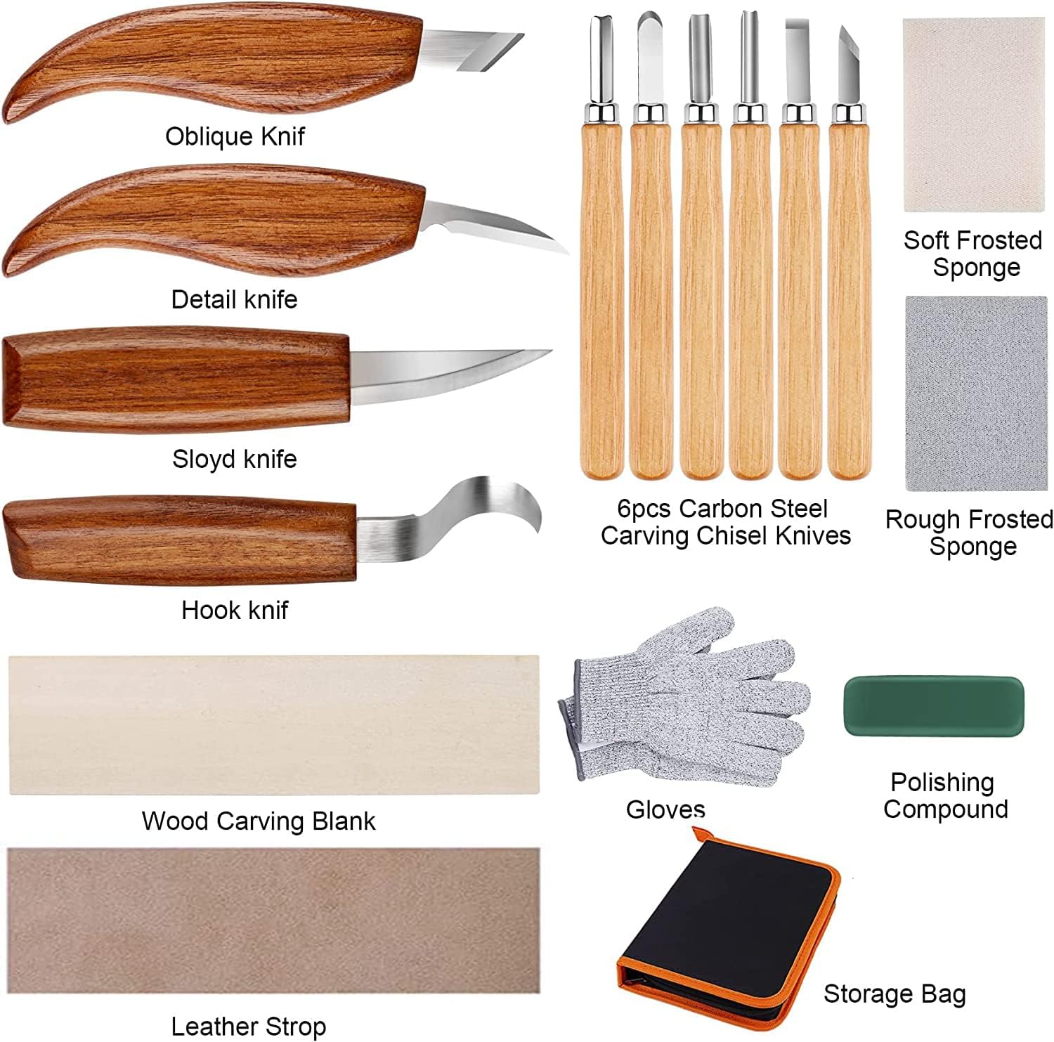 26-in-1 Wood Carving Kit with Detail Wood Carving Knife, Whittling Knife, Wood Chisel Knife, Gloves, Carving Knife Sharpener for Spoon, Bowl, Kuksa Cup (26PCS) - Image 3