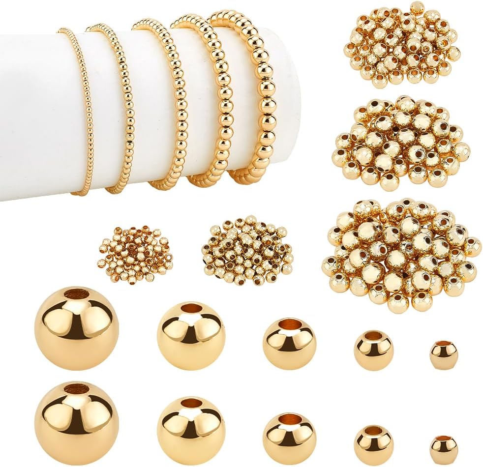 PH PandaHall 14K Gold Plated Spacer Beads, 300pcs Round Brass Beads 5 Size Metal Smooth Beads Seamless Ball Beads Long-lasting Little Beads for Summer Bracelet Necklace Jewelry DIY Crafts(2/3/4/5/6mm)
