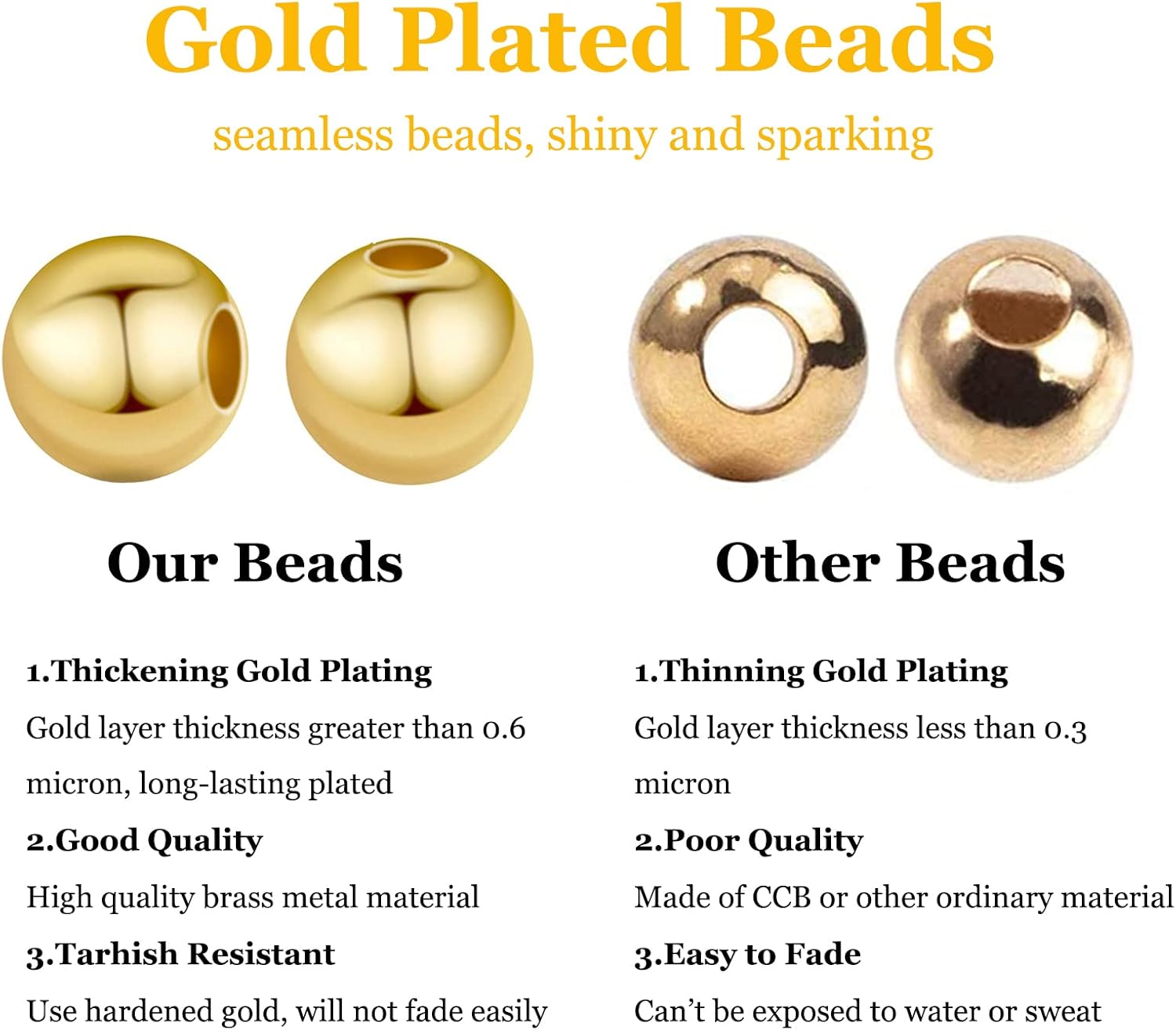 PH PandaHall 14K Gold Plated Spacer Beads, 300pcs Round Brass Beads 5 Size Metal Smooth Beads Seamless Ball Beads Long-lasting Little Beads for Summer Bracelet Necklace Jewelry DIY Crafts(2/3/4/5/6mm) - Image 3