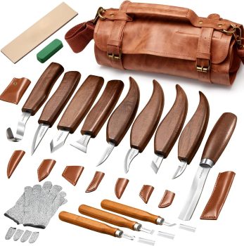 AIZMOZIA Wood Carving Kit for Beginners – 17PCS Deluxe Whittling Knife Set with Carving Tools, Leather Roll & Gloves – Starter Gift for Woodworking Hobbyists
