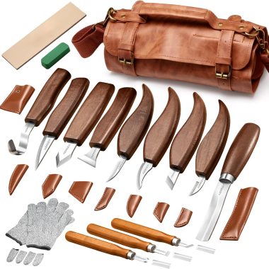 AIZMOZIA Wood Carving Kit for Beginners – 17PCS Deluxe Whittling Knife Set with Carving Tools, Leather Roll & Gloves – Starter Gift for Woodworking Hobbyists