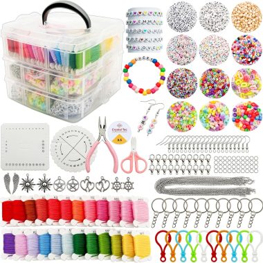 JINNBEY 4655 Pcs Jewelry Making Kits, DIY Bracelet Necklace Portable Three-Layer Spacer Box – Includes 24 Color Cotton Thread & Letter Bead & Tools, The Gift Set for Handicraft Enthusiasts