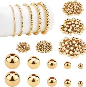 PH PandaHall 14K Gold Plated Spacer Beads, 300pcs Round Brass Beads 5 Size Metal Smooth Beads Seamless Ball Beads Long-lasting Little Beads for Summer Bracelet Necklace Jewelry DIY Crafts(2/3/4/5/6mm)