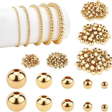 PH PandaHall 14K Gold Plated Spacer Beads, 300pcs Round Brass Beads 5 Size Metal Smooth Beads Seamless Ball Beads Long-lasting Little Beads for Summer Bracelet Necklace Jewelry DIY Crafts(2/3/4/5/6mm)