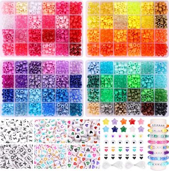 QUEFE 96 Colors 3000pcs Pony Beads Bracelet Making Kit Friendship Bracelet Kit Rainbow Kandi Beads with Letter and Heart Beads Elastic Threads for Jewelry Necklace Making